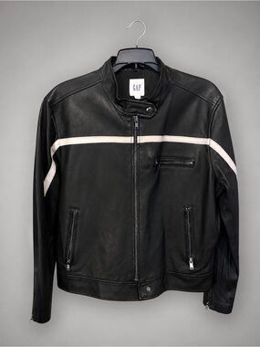 GAP Black Leather Jacket with White Stripe Detail